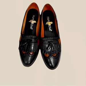 Vintage HUNT CLUB Leather Tassel Fringe Two Tone Black Brown Loafers Size 8 1/2